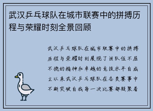 武汉乒乓球队在城市联赛中的拼搏历程与荣耀时刻全景回顾